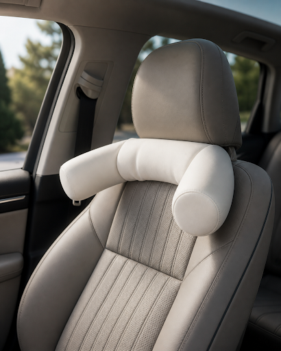 RestWing curved white headrest pillow on tan leather seat