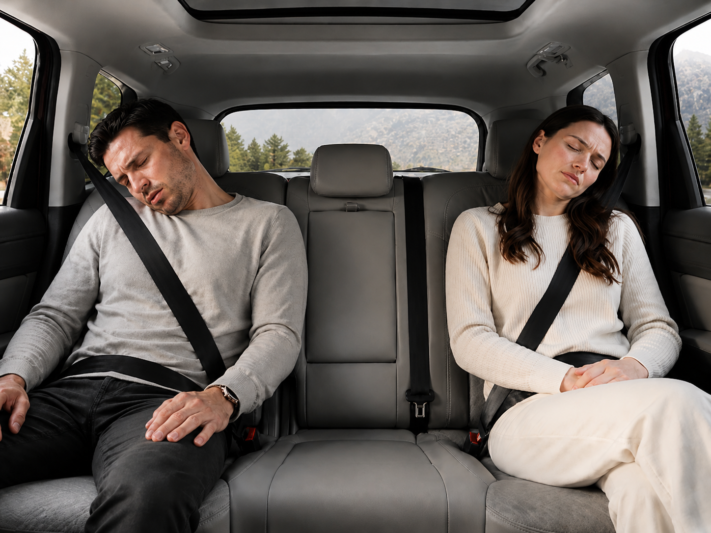 Couple sleeping uncomfortably in back seat, heads slumped